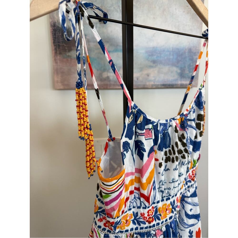 NEW FARM Rio Wild Brazil Mini Dress Botanical Print Beaded Tie Shoulder Small - Picture 3 of 6